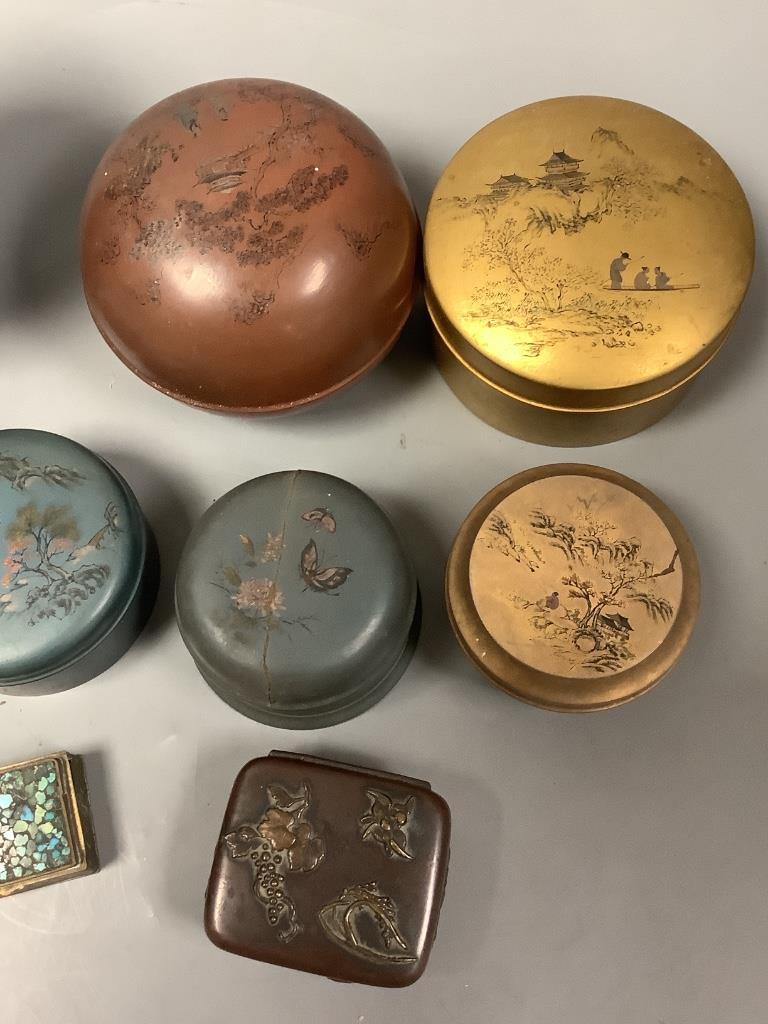 Five Chinese lacquer boxes, a Japanese cloisonne vase, mixed metal box and other items